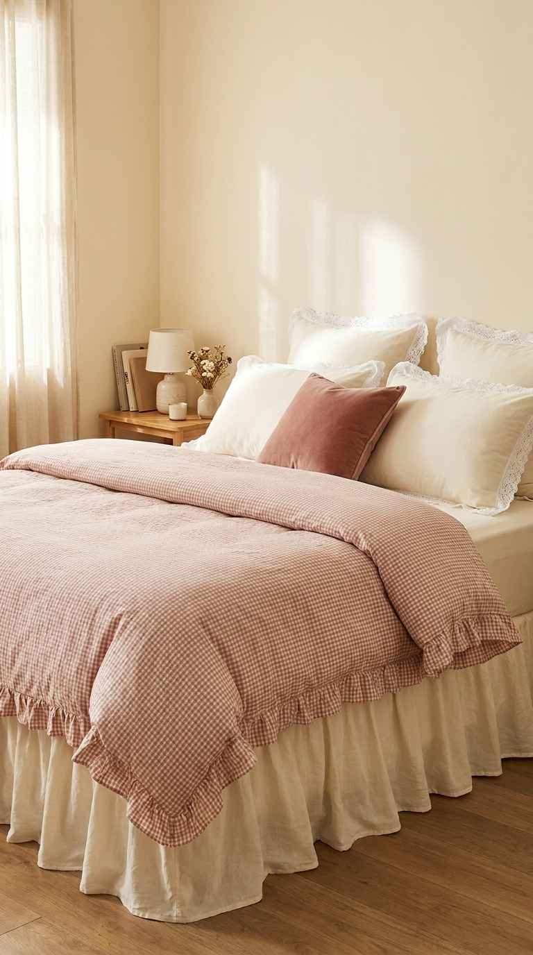 Coquette bedroom bedding with a blush gingham duvet, ivory lace pillows, and cream bed skirt