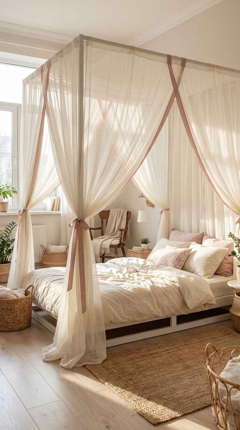 Coquette teen bedroom with a sheer ivory canopy, blush satin ribbons, and cream bedding