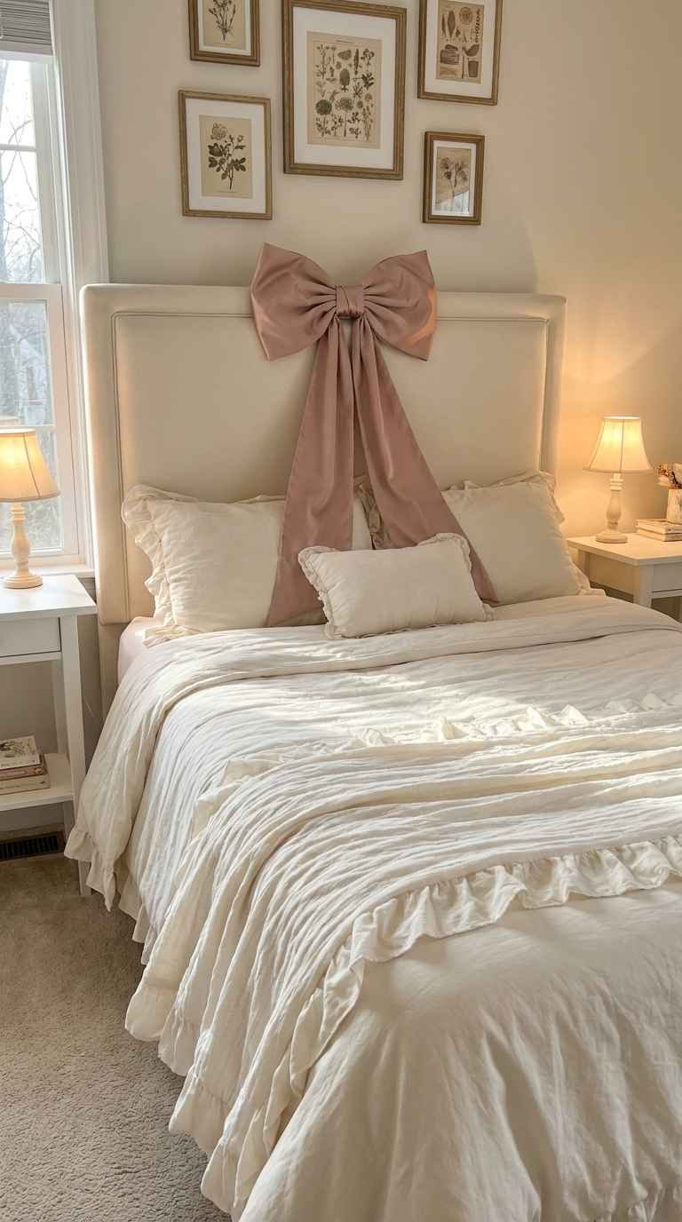 Coquette bedroom for teen girls with an oversized blush satin bow headboard and ivory bedding. coquette bedroom ideas for teen girls