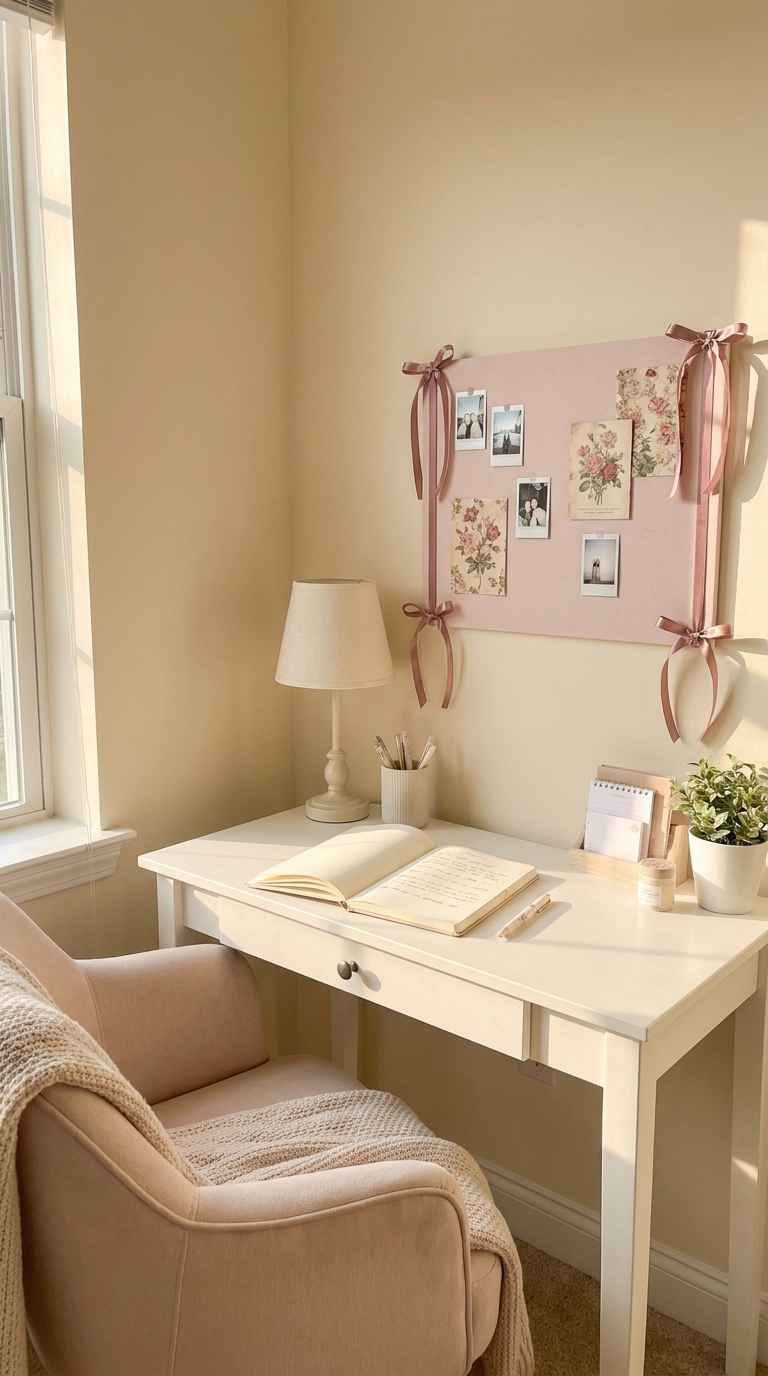 Coquette teen bedroom study corner with a pink pinboard, photographs, satin ribbons, and bows
