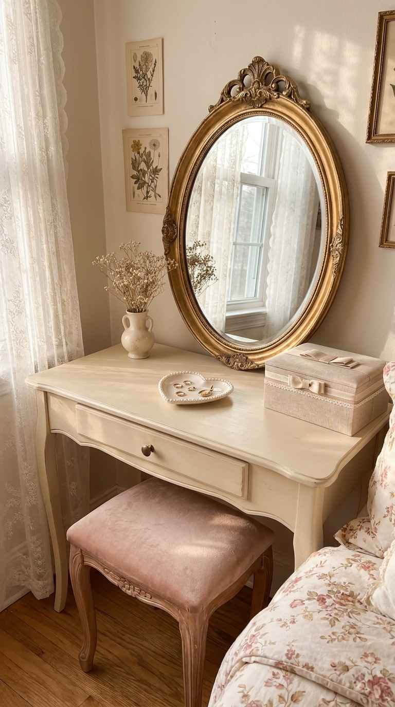 Vintage coquette bedroom vanity with an oval mirror, blush stool, and delicate floral decor