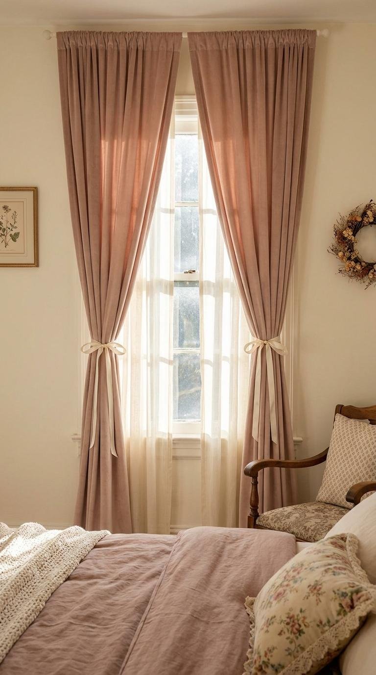 Blush bedroom curtains with satin ribbon tiebacks and ivory sheers