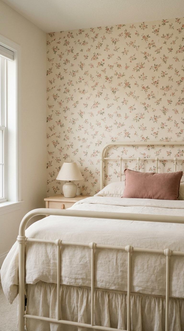 Teen bedroom with blush rosebud wallpaper and cream bedding