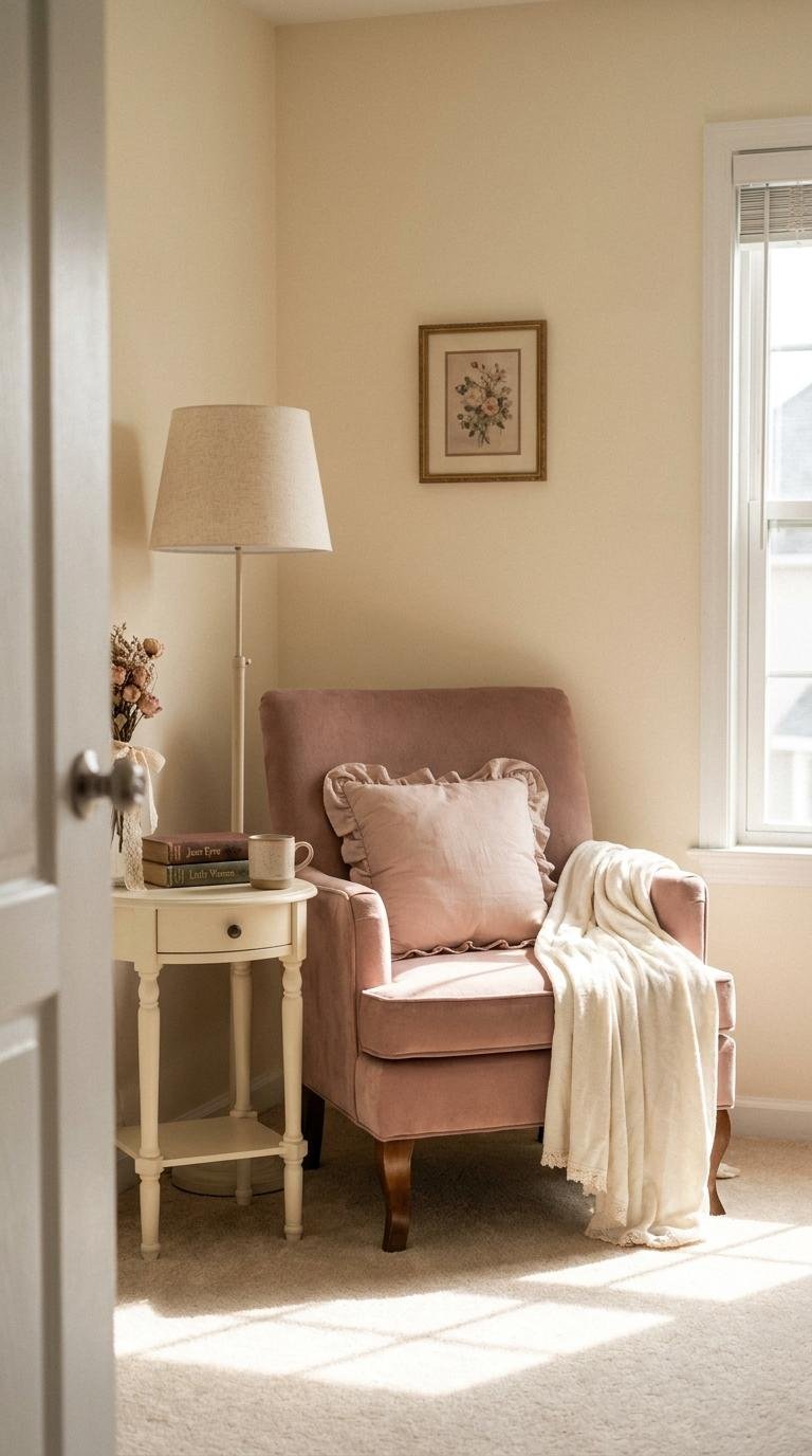 Cozy bedroom reading nook with a blush armchair and ivory throw