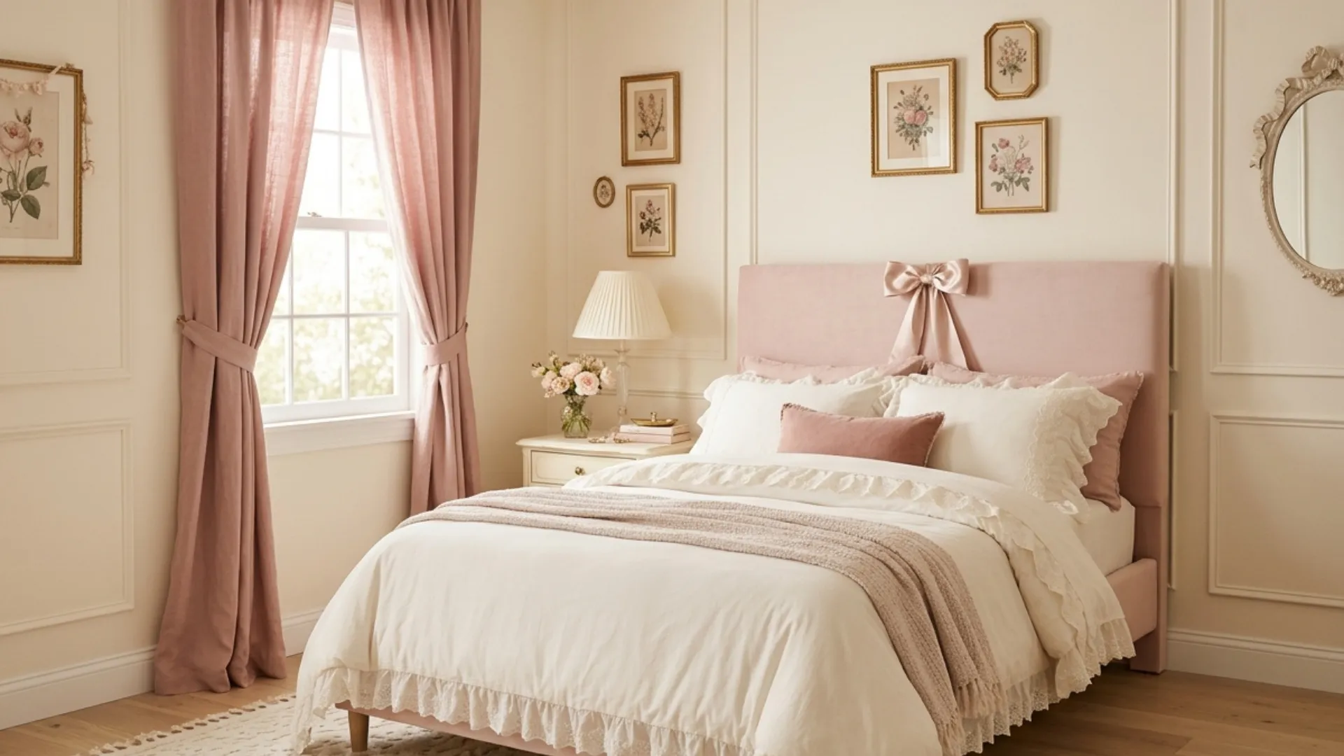 Coquette teen bedroom with a blush bow headboard, ivory bedding, and romantic pink decor
