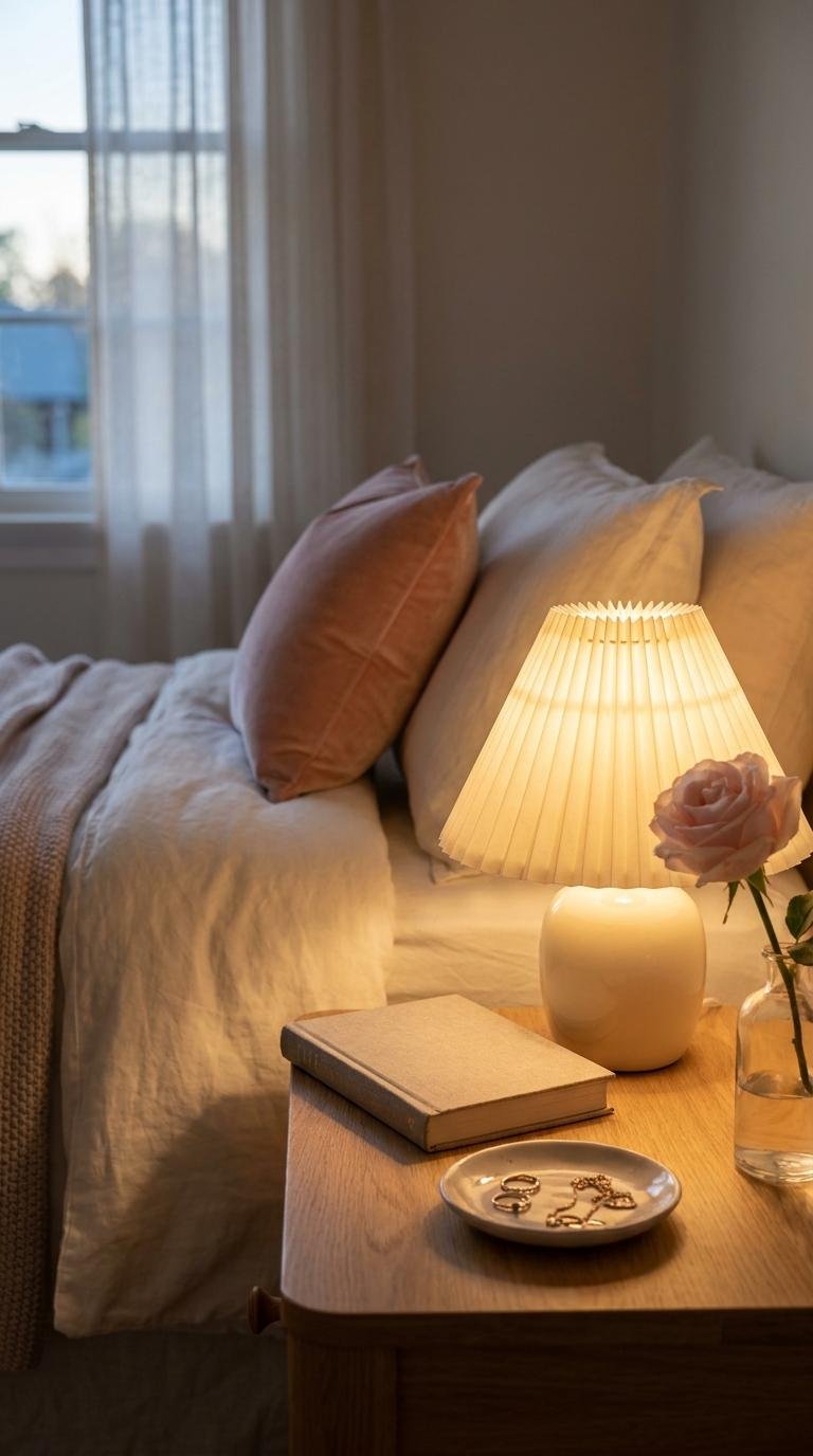 Coquette bedside table with a pleated ivory lampshade and pink accents