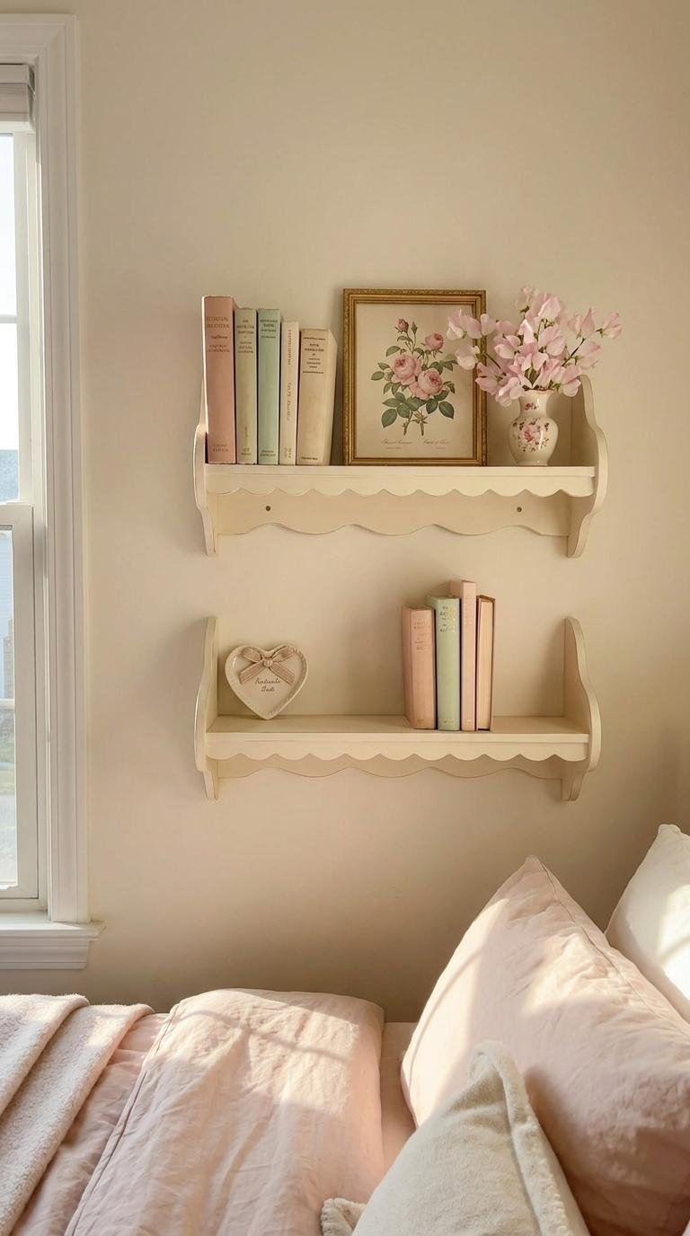 Ivory scalloped bedroom shelves with pastel books and floral decor